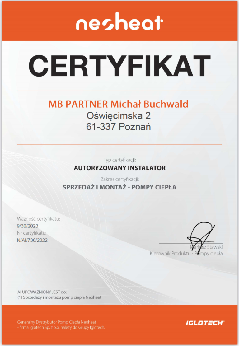 NEOHEAT Certyfikat